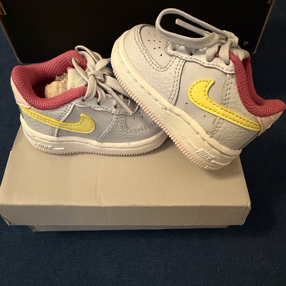 Nike Toddler Gray Sneakers with Yellow Swoosh and Pink Lining